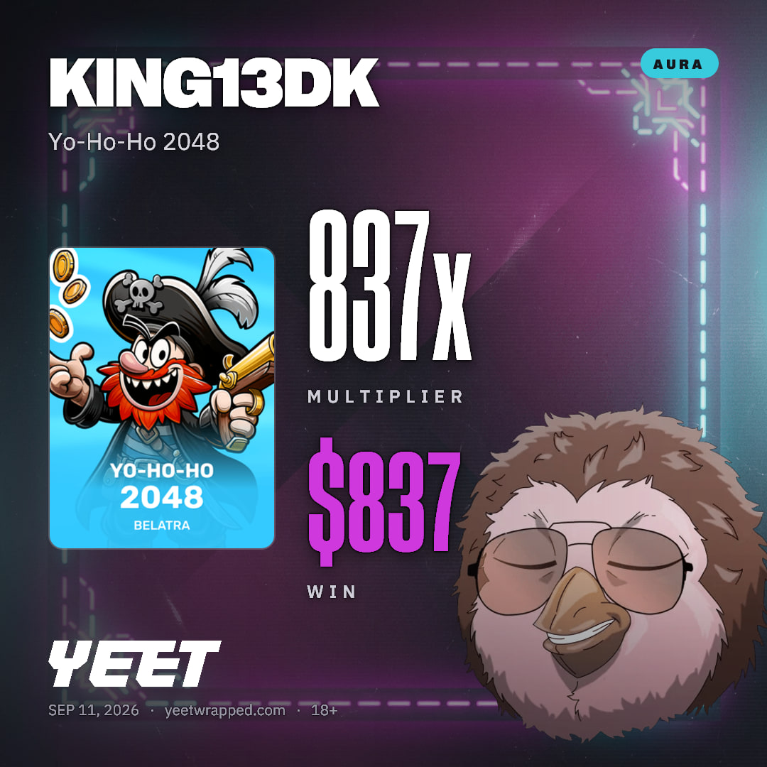 KING13DK hit 836.6x on Yo-Ho-Ho 2048